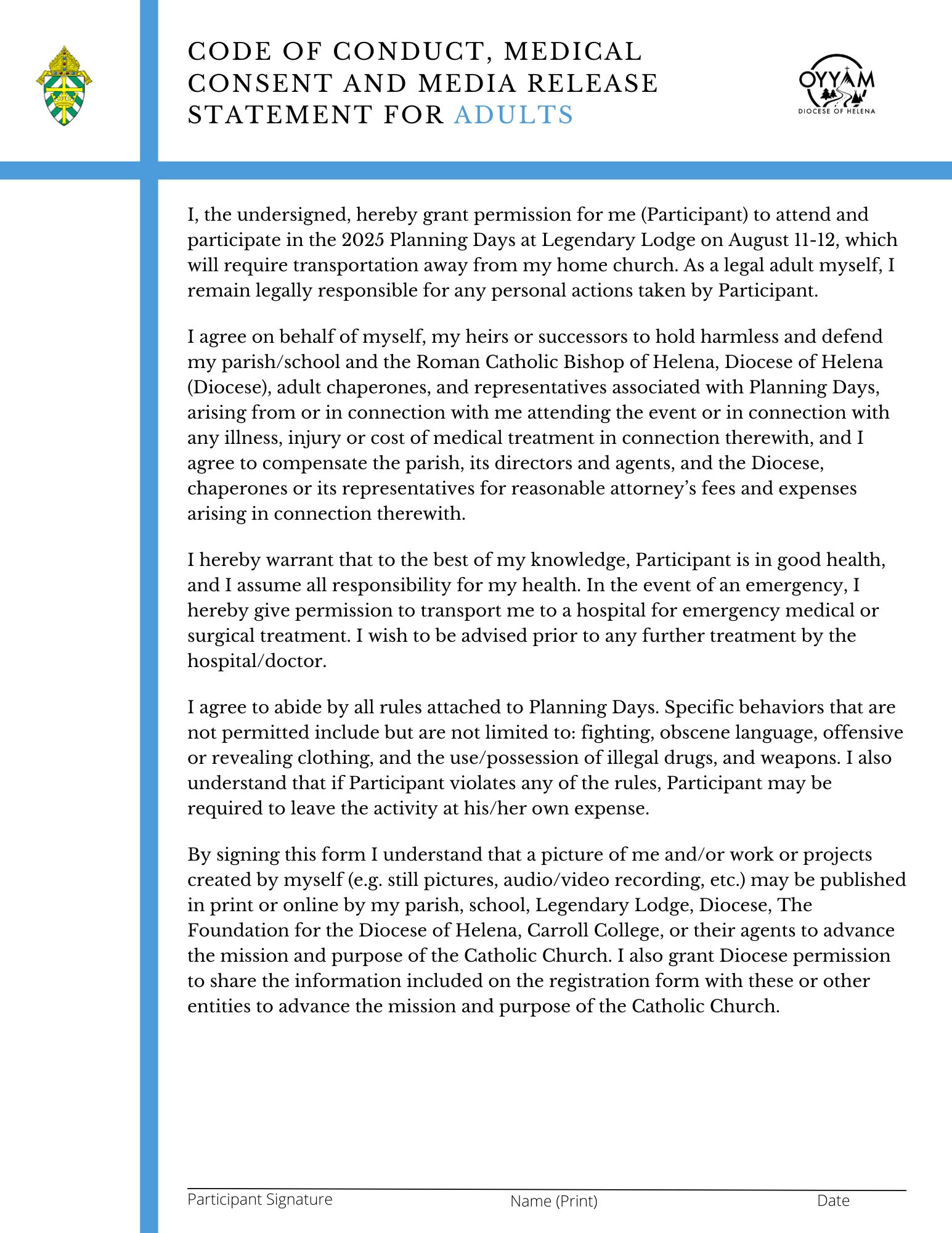 Code of Conduct, Medical Consent, and Media Release Statement for Adults